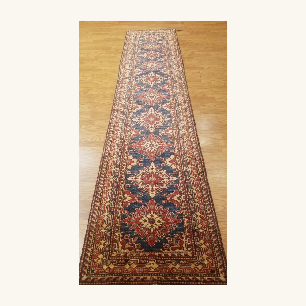 2.5 x 11.1 New Fine Geometric Kazak Hand Knotted Wool Runner