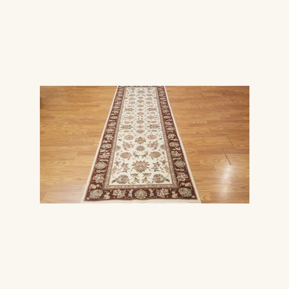 2.5 x 8 Ivory & Red Fine Quality Wool & Silk Hand Knotted Oriental Rug