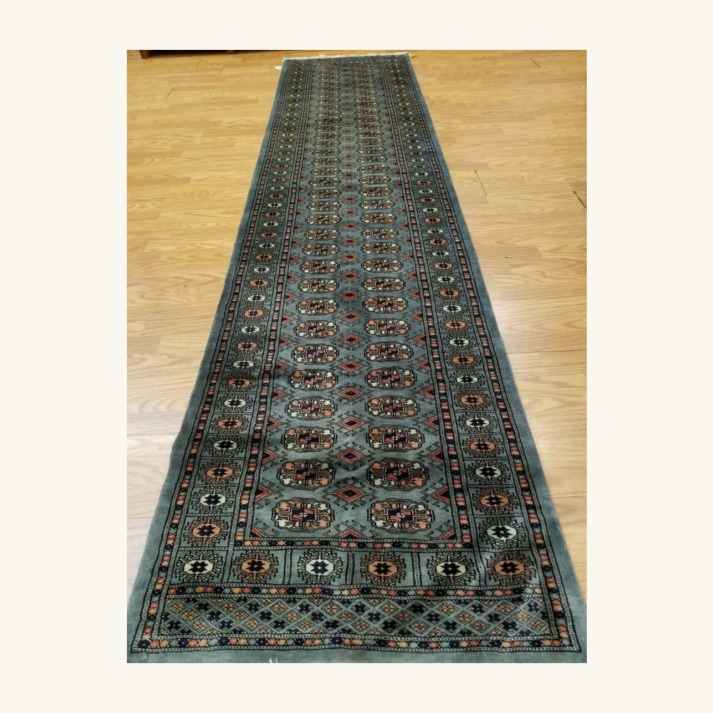 2.7 x 11 Gray Pakistan Bokharra Hand Knotted Wool Rug